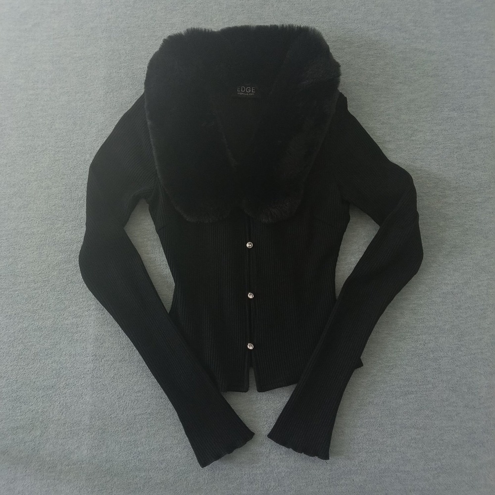 Edge by KS Black Ribbed Faux Fur Collar Rhinestone Button Cardigan Top